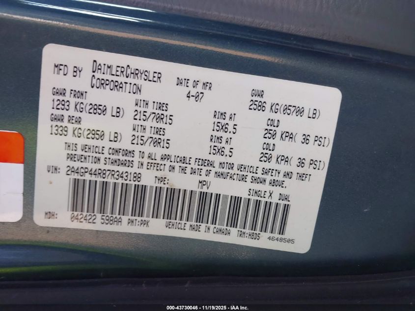 2007 Chrysler Town & Country Lx VIN: 2A4GP44R87R343188 Lot: 43730046