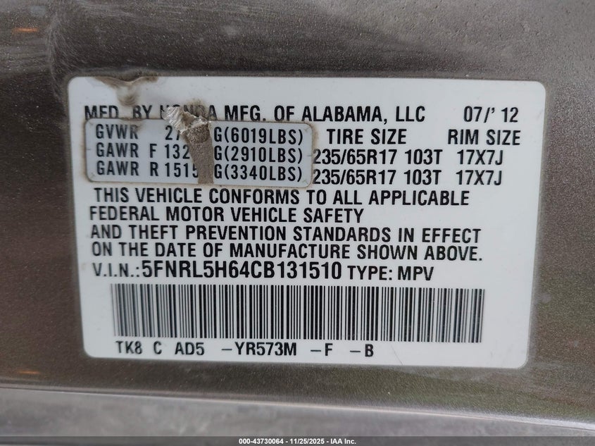 2012 Honda Odyssey Ex-L VIN: 5FNRL5H64CB131510 Lot: 43730064