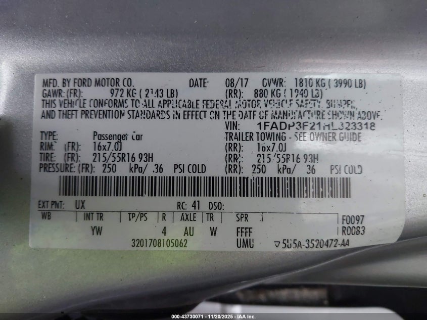 1FADP3F21HL323318 2017 FORD FOCUS photo no. 9