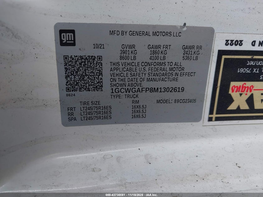 2021 Chevrolet Express Cargo Rwd 2500 Regular Wheelbase Wt VIN: 1GCWGAFP8M1302619 Lot: 43730081