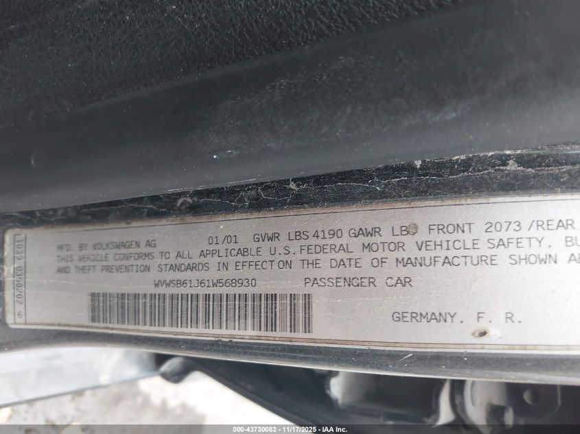 2001 Volkswagen Jetta Gls VIN: WVWSB61J61W568930 Lot: 43730083