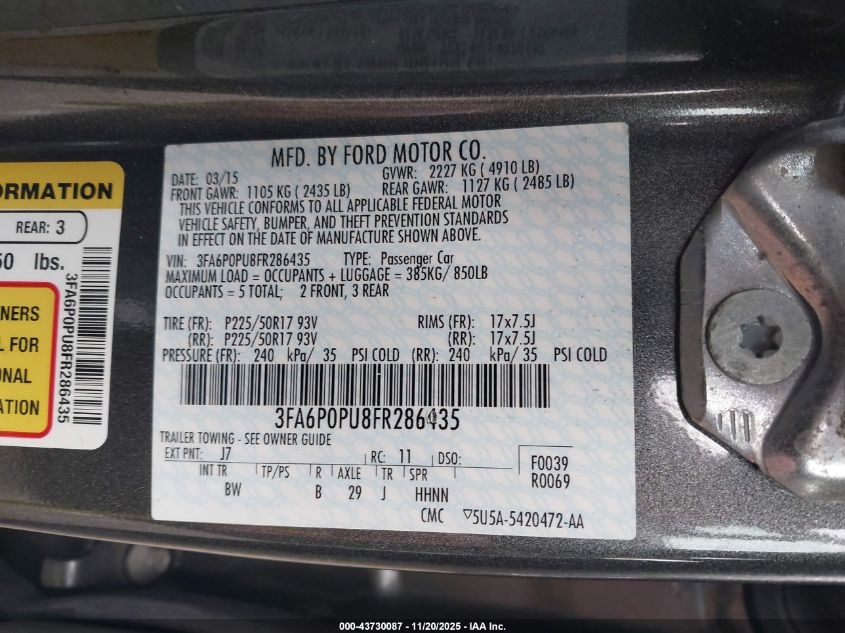 2015 Ford Fusion Energi Se Luxury VIN: 3FA6P0PU8FR286435 Lot: 43730087