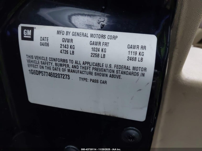 2006 Cadillac Cts Standard VIN: 1G6DP577460207273 Lot: 43730114