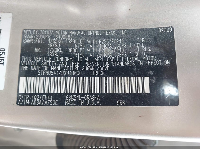 2009 Toyota Tundra Grade V6 VIN: 5TFRU54179X019600 Lot: 43730117