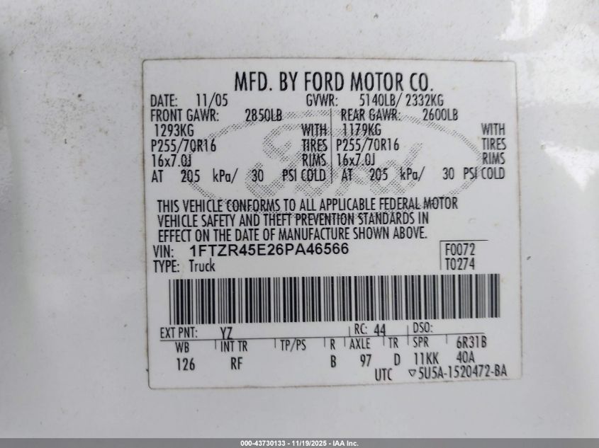 2006 Ford Ranger Fx4 Level Ii/Fx4 Off-Road/Sport/Xlt VIN: 1FTZR45E26PA46566 Lot: 43730133