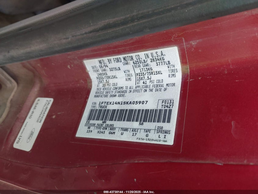 1995 Ford F150 VIN: 1FTEX14N1SKA05907 Lot: 43730144