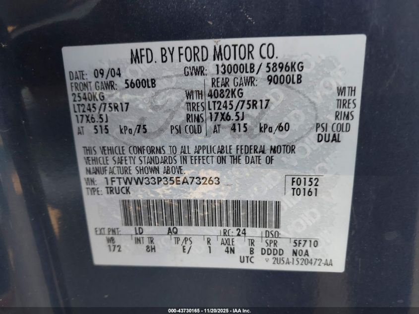 2005 Ford F-350 Lariat/Xl/Xlt VIN: 1FTWW33P35EA73263 Lot: 43730165