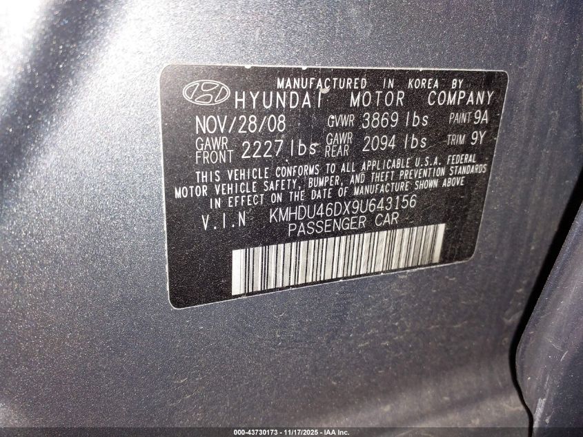 2009 Hyundai Elantra Gls VIN: KMHDU46DX9U643156 Lot: 43730173