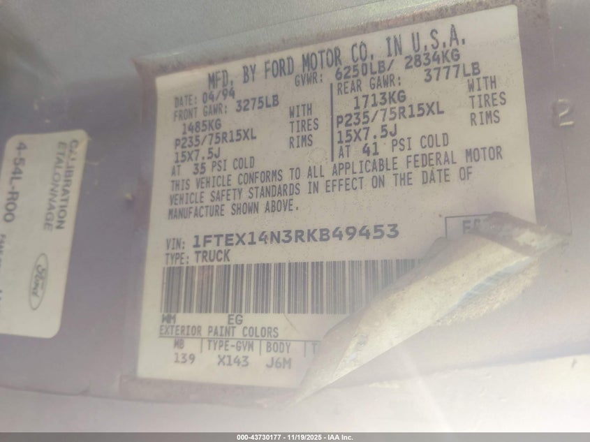 1994 Ford F150 VIN: 1FTEX14N3RKB49453 Lot: 43730177