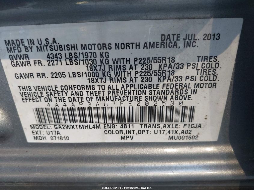 2014 Mitsubishi Outlander Sport Es VIN: 4A4AP3AU7EE002530 Lot: 43730191