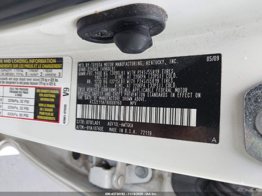 2009 Toyota Venza VIN: 4T3ZE11A79U008160 Lot: 43730192
