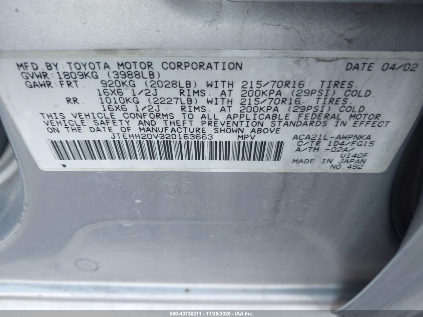 2002 Toyota Rav4 VIN: JTEHH20V320163663 Lot: 43730211