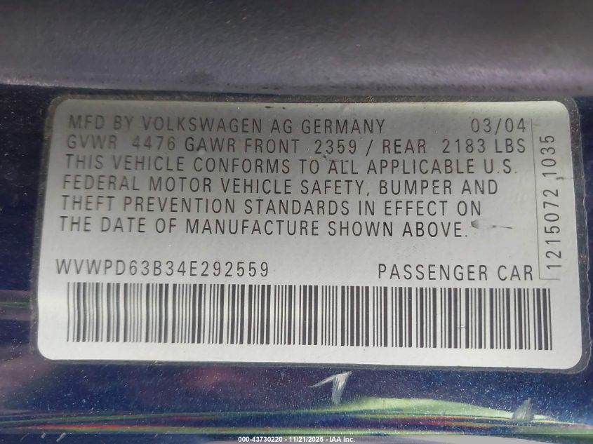 2004 Volkswagen Passat Gls VIN: WVWPD63B34E292559 Lot: 43730220