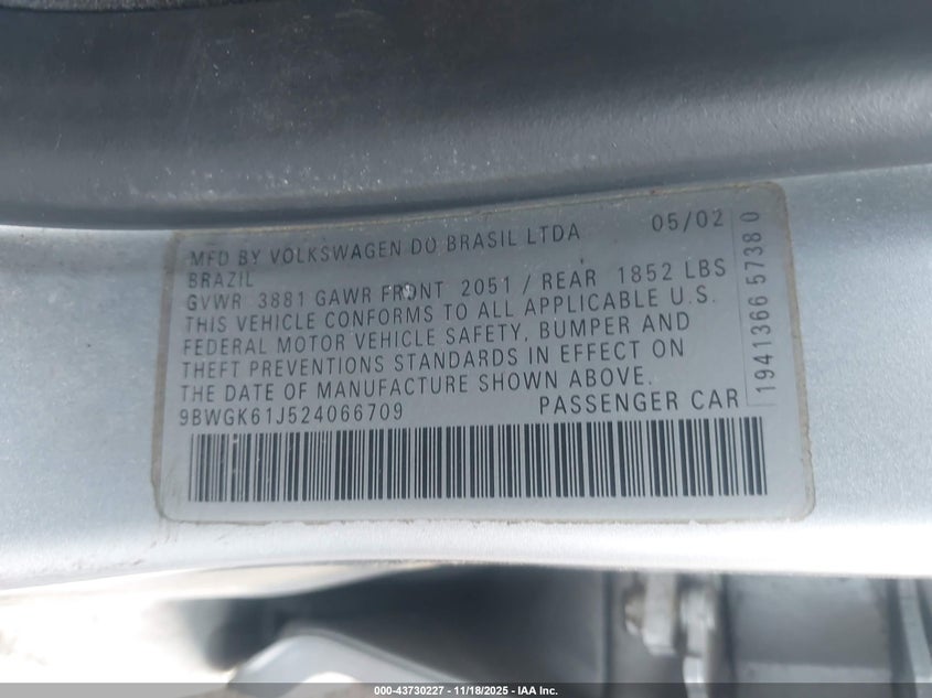 2002 Volkswagen Golf Gls 2.0L VIN: 9BWGK61J524066709 Lot: 43730227