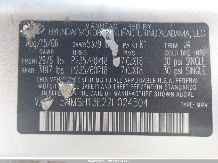 2007 Hyundai Santa Fe Limited/Se VIN: 5NMSH13E27H024504 Lot: 43730230