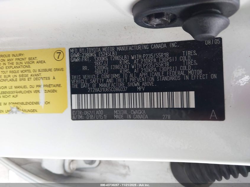 2005 Lexus Rx 330 VIN: 2T2HA31U65C086037 Lot: 43730257