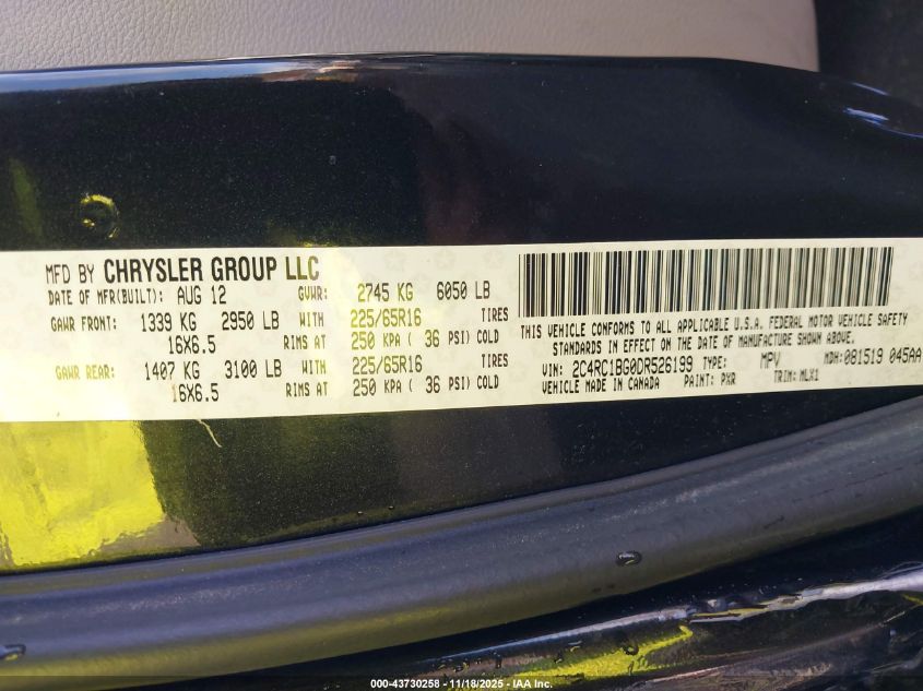 2013 Chrysler Town & Country Touring VIN: 2C4RC1BG0DR526199 Lot: 43730258