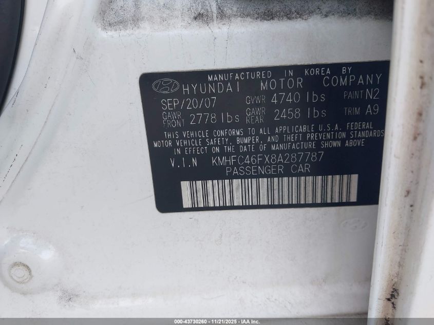 2008 Hyundai Azera Limited VIN: KMHFC46FX8A287787 Lot: 43730260