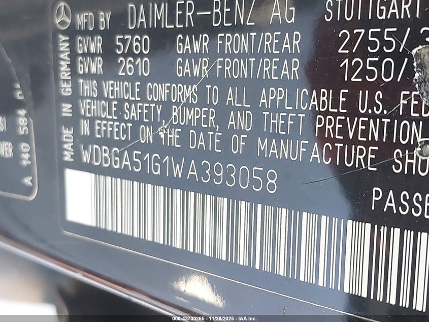 1998 Mercedes-Benz S 500 VIN: WDBGA51G1WA393058 Lot: 43730265