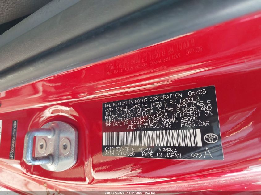 2008 Toyota Yaris VIN: JTDJT923585209742 Lot: 43730270