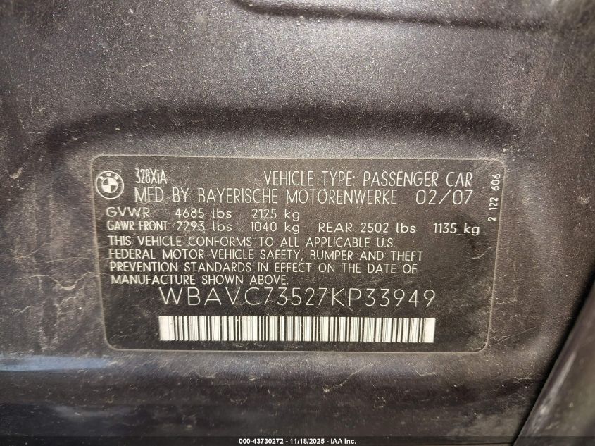 2007 BMW 328Xi VIN: WBAVC73527KP33949 Lot: 43730272