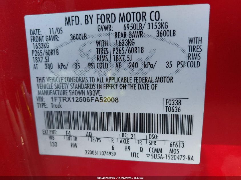 2006 Ford F-150 Lariat/Xl/Xlt VIN: 1FTRX12506FA52008 Lot: 43730275