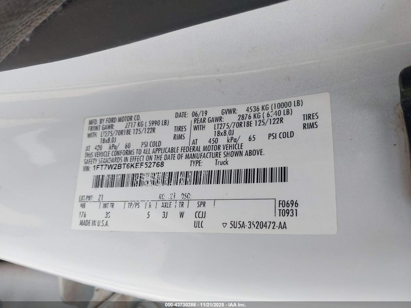 2019 Ford F-250 Xlt VIN: 1FT7W2BT6KEF52768 Lot: 43730286