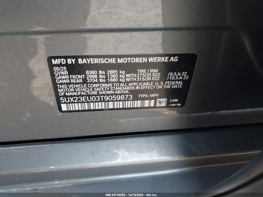 2026 BMW X5 xDrive40I VIN: 5UX23EU03T9059873 Lot: 43730292
