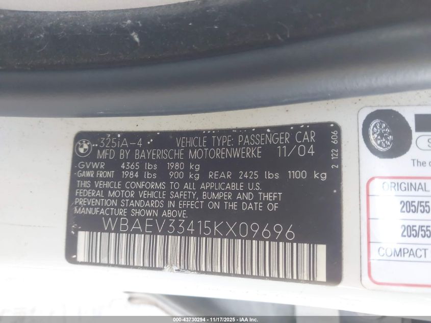 2005 BMW 325I VIN: WBAEV33415KX09696 Lot: 43730294