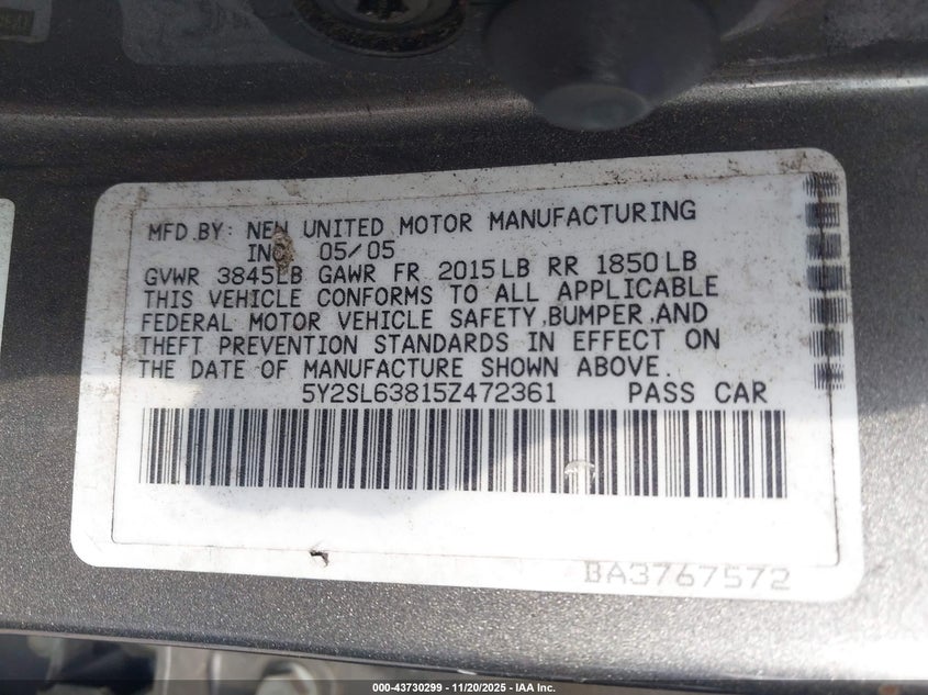 2005 Pontiac Vibe VIN: 5Y2SL63815Z472361 Lot: 43730299