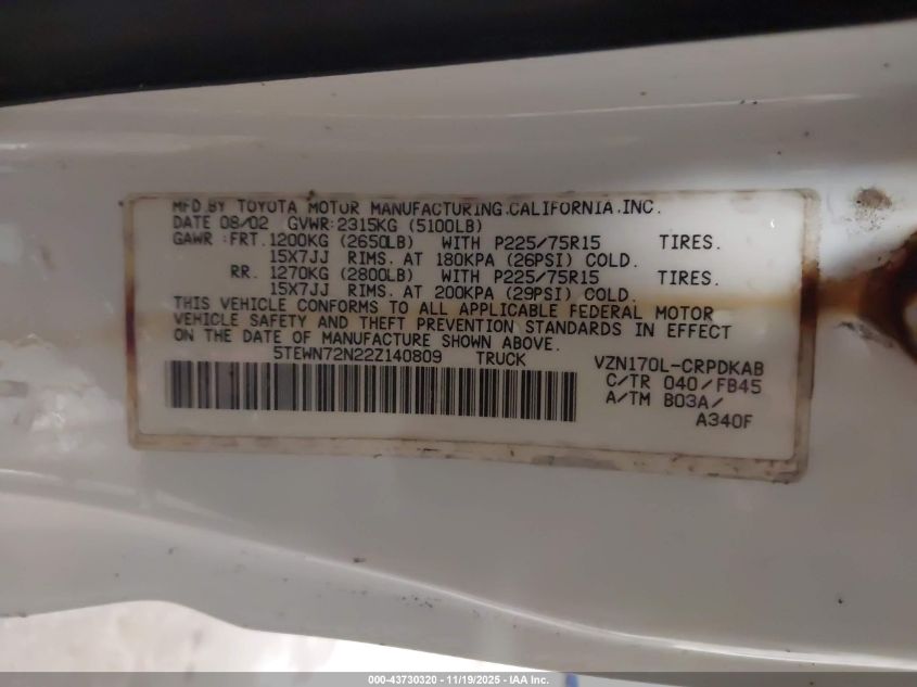 2002 Toyota Tacoma Base V6 VIN: 5TEWN72N22Z140809 Lot: 43730320