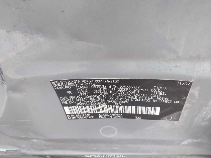 2008 Toyota Rav4 VIN: JTMBD33VX85150251 Lot: 43730339