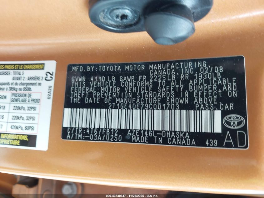 2009 Toyota Matrix Xrs VIN: 2T1GE40E79C001703 Lot: 43730347