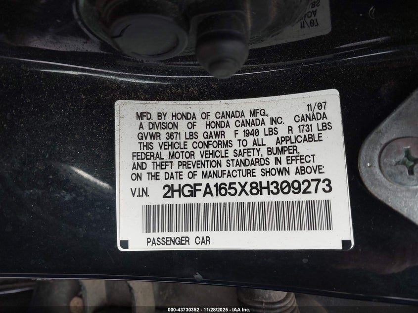 2008 Honda Civic Lx VIN: 2HGFA165X8H309273 Lot: 43730352
