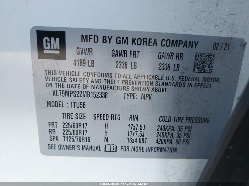 2021 Chevrolet Trailblazer Fwd Lt VIN: KL79MPS22MB152338 Lot: 43730369