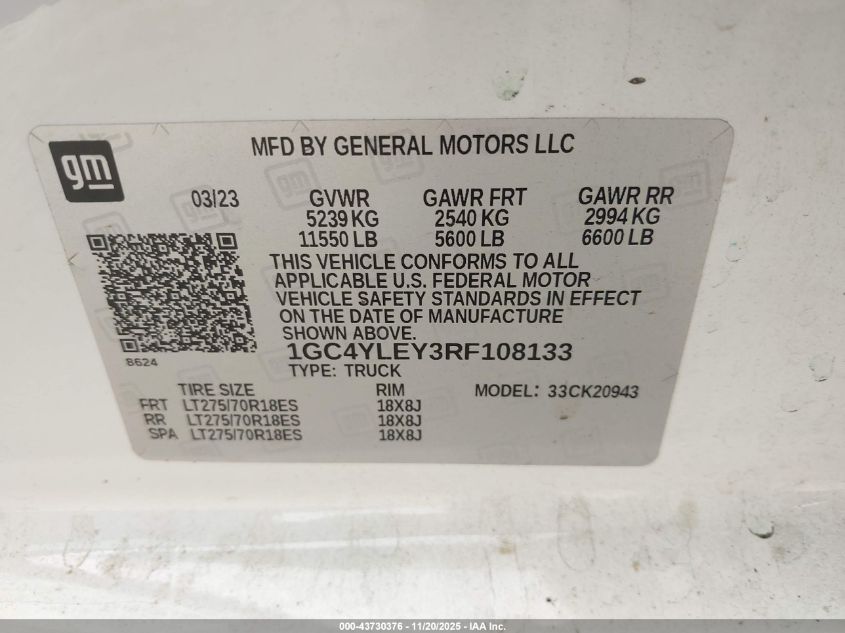 2024 Chevrolet Silverado 2500Hd 4Wd Long Bed Work Truck VIN: 1GC4YLEY3RF108133 Lot: 43730376