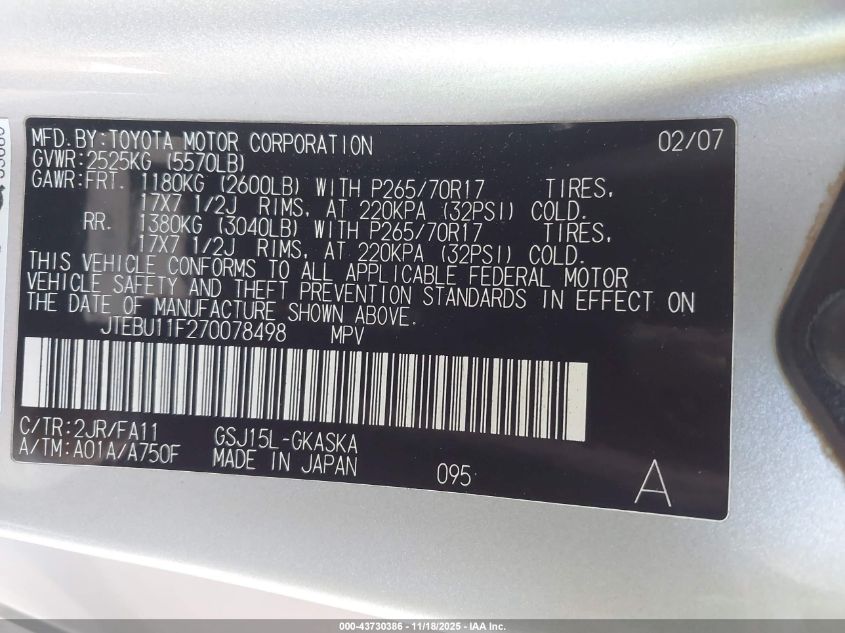 2007 Toyota Fj Cruiser VIN: JTEBU11F270078498 Lot: 43730386