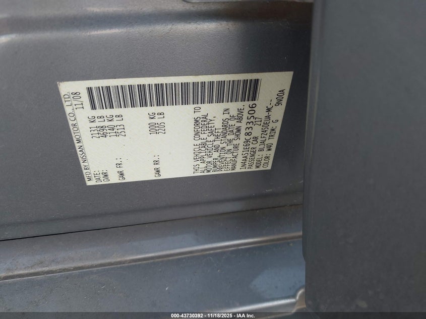 2009 Nissan Maxima 3.5 Sv VIN: 1N4AA51E69C833506 Lot: 43730392