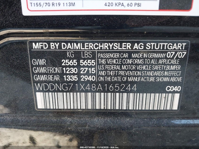 2008 Mercedes-Benz S 550 VIN: WDDNG71X48A165244 Lot: 43730399