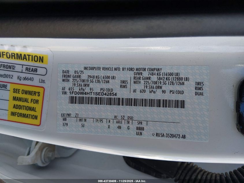 2025 Ford F-450 Chassis Lariat VIN: 1FD0W4HT1SED42854 Lot: 43730406