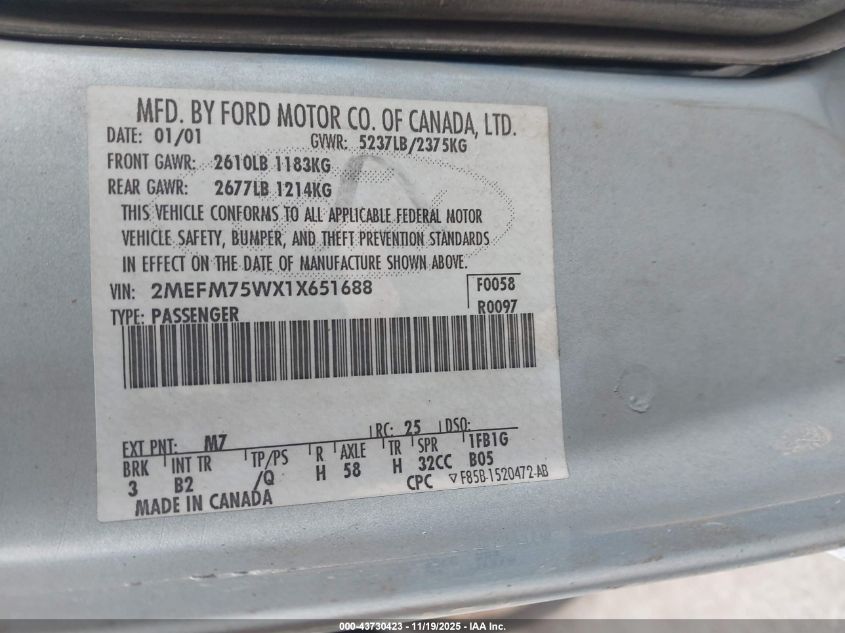 2001 Mercury Grand Marquis Ls VIN: 2MEFM75WX1X651688 Lot: 43730423