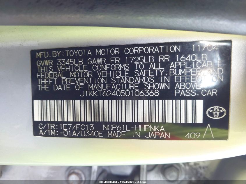 2005 Scion Xa VIN: JTKKT624050106368 Lot: 43730434