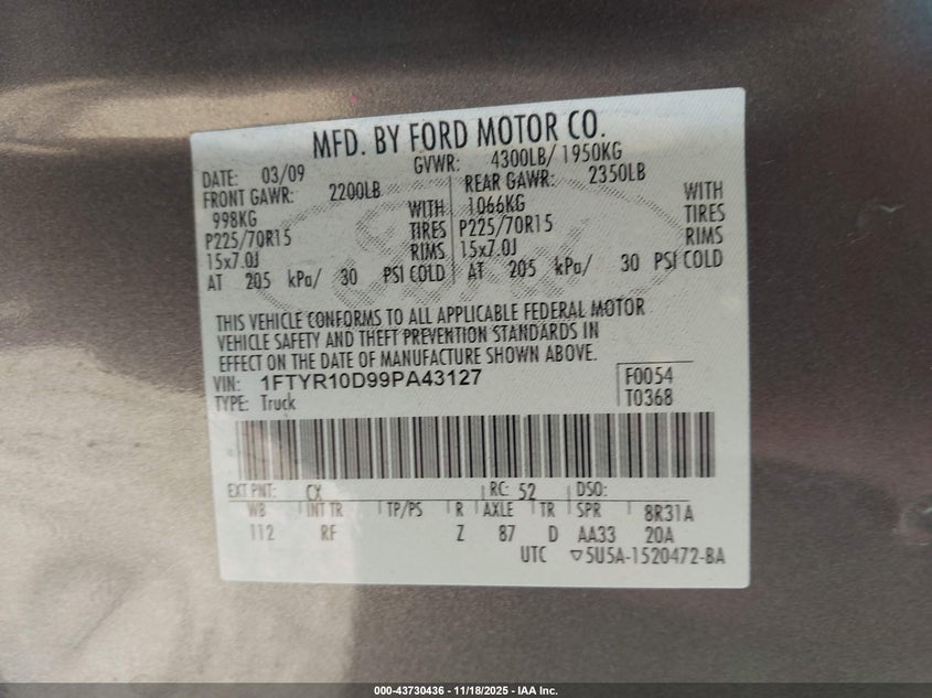 2009 Ford Ranger Sport/Xl/Xlt VIN: 1FTYR10D99PA43127 Lot: 43730436