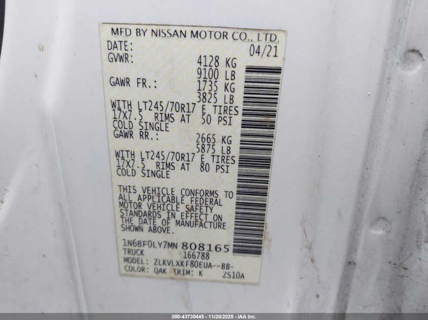2021 Nissan Nv Cargo Nv2500 Hd Sv High Roof V6 VIN: 1N6BF0LY7MN808165 Lot: 43730445