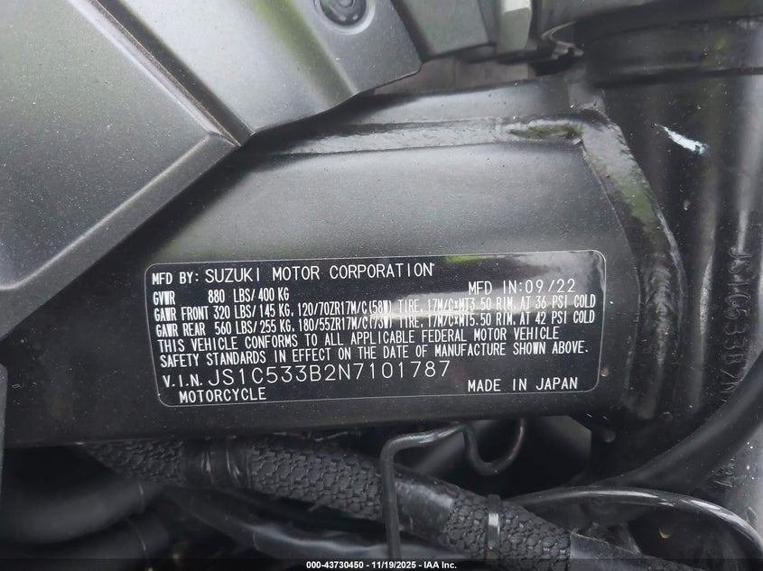 2022 Suzuki Gsx-S750 M/Z VIN: JS1C533B2N7101787 Lot: 43730450