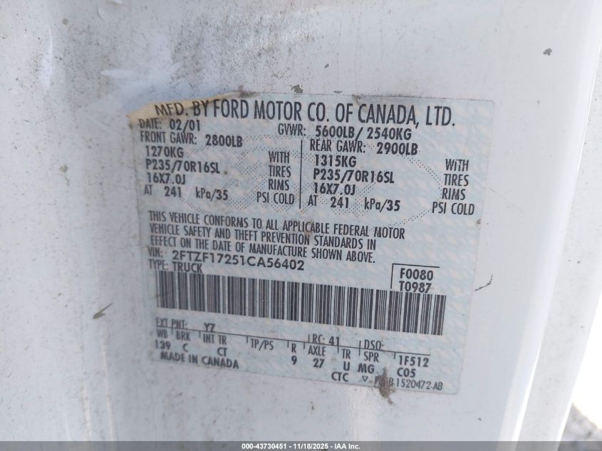2001 Ford F-150 Xl/Xlt VIN: 2FTZF17251CA56402 Lot: 43730451
