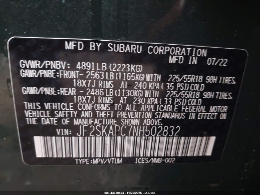 2022 Subaru Forester Limited VIN: JF2SKAPC7NH502832 Lot: 43730464