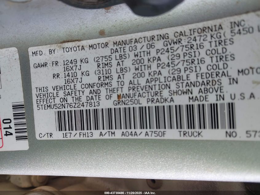 2006 Toyota Tacoma Base V6 VIN: 5TEMU52N76Z247813 Lot: 43730486