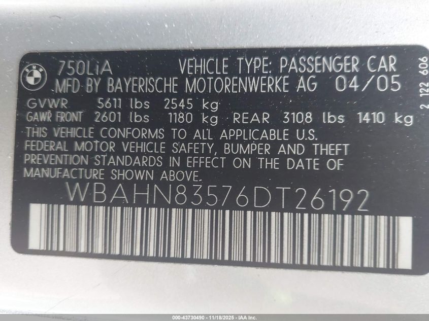2006 BMW 750Li VIN: WBAHN83576DT26192 Lot: 43730490