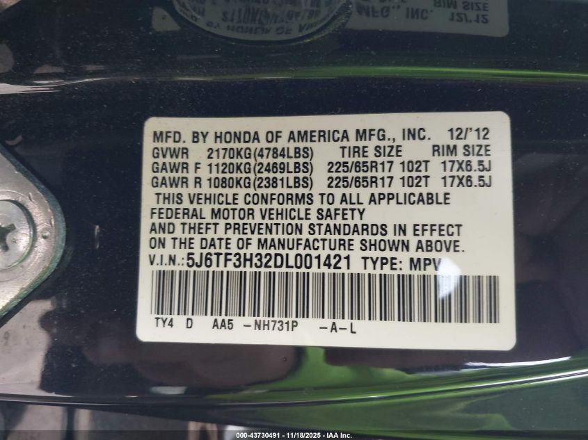 2013 Honda Crosstour Ex VIN: 5J6TF3H32DL001421 Lot: 43730491